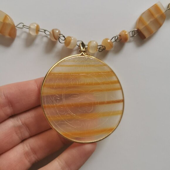 Vintage Sun Pendant Golden Orange Carved Necklace Etched Aztec Sundial Beaded - Picture 2 of 11